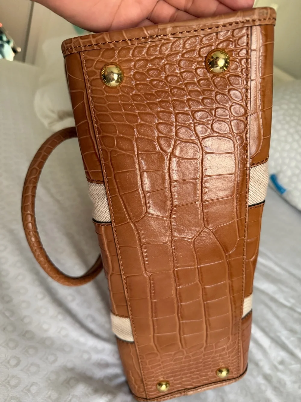 Michael Kors Hamilton Large Tote Bag Brown Croc Embossed Beige Canvas Gold MK